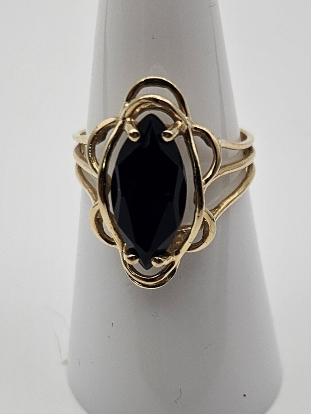 KF 14K Plumb Gold Black Onyx Marquise Ring Size 6 Vintage Filigree Statement 14K